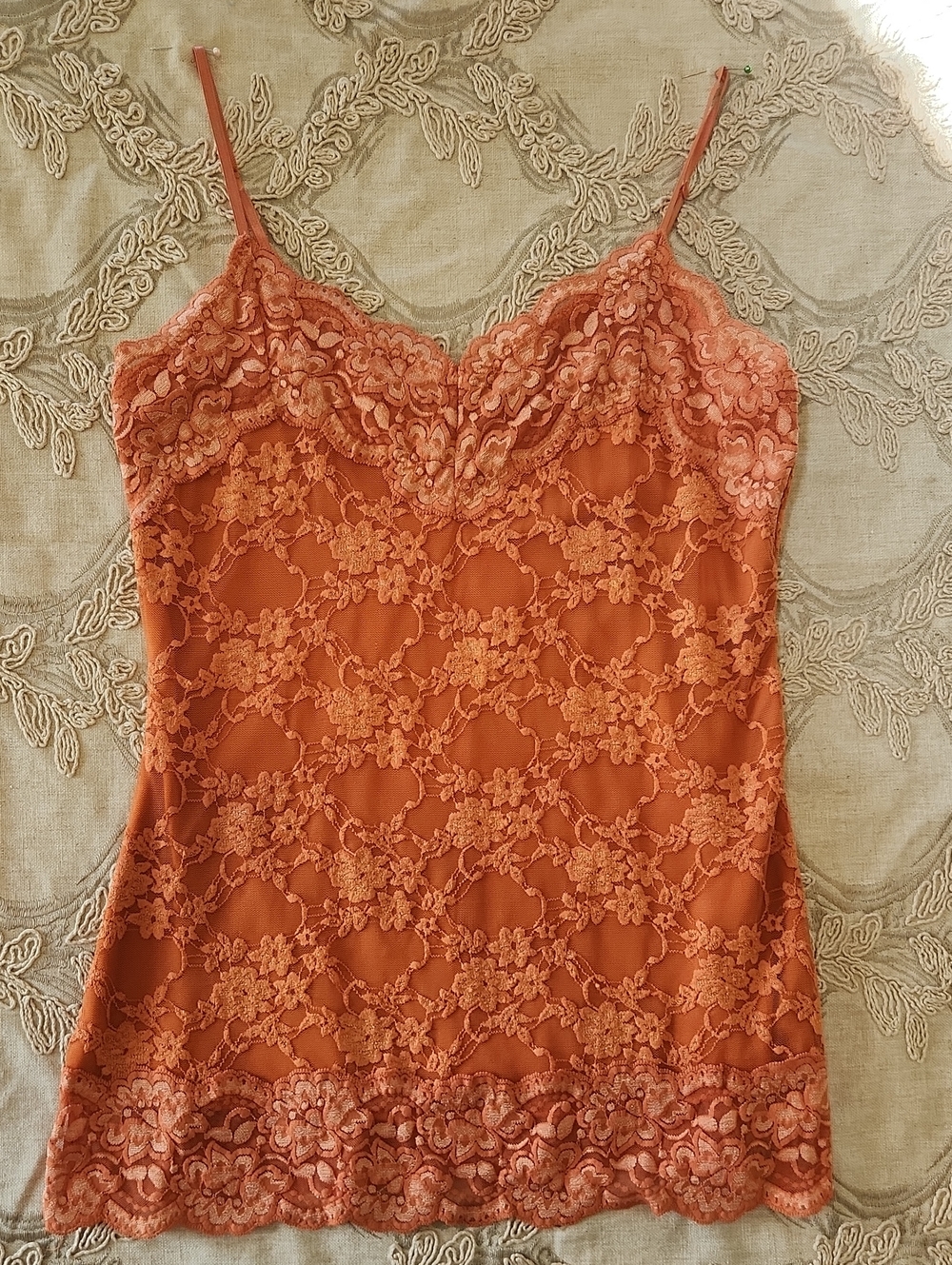Studio Y Coral Orange Lace Camisole with Floral Trim